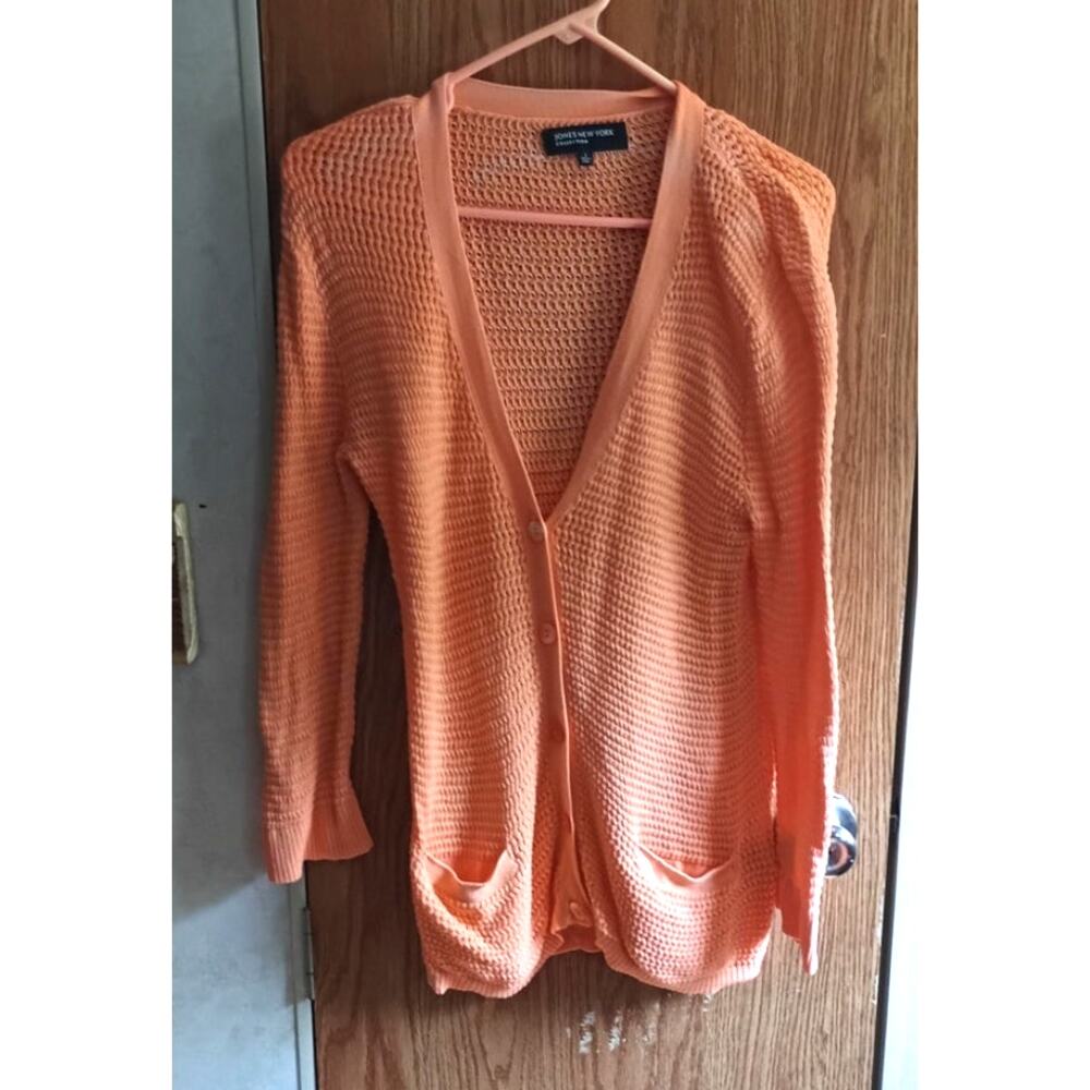 Jones New York Collection Tangerine Orange Cotton Cardigan L Open Knit Dopamine